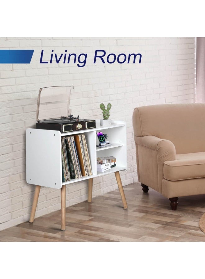 White Record Player Stand with Vinyl Storage, Mid-Century Modern Record Player Table, Turntable Stand for Living Room, Office, Record Storage Cabinet Up to 100 Albums - Image 2